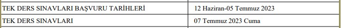Tek Der sınavına başvurular BYS<Öğrenci Bilgi Sistemi<Başvurular<Tek Ders Sınav Başvurusu yolunu izleyerek başvurabilirler